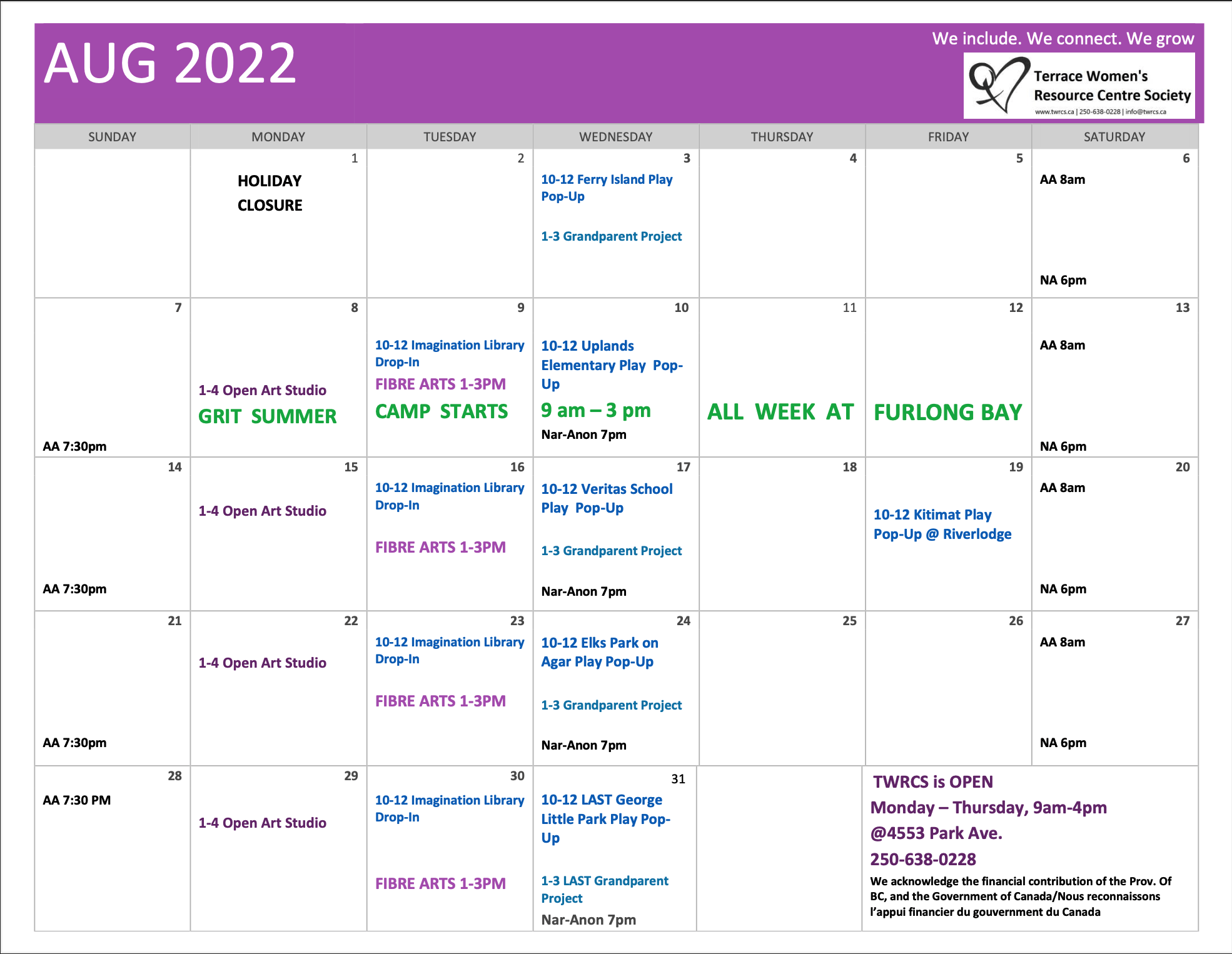 TWRCS - August 2022 Calendar