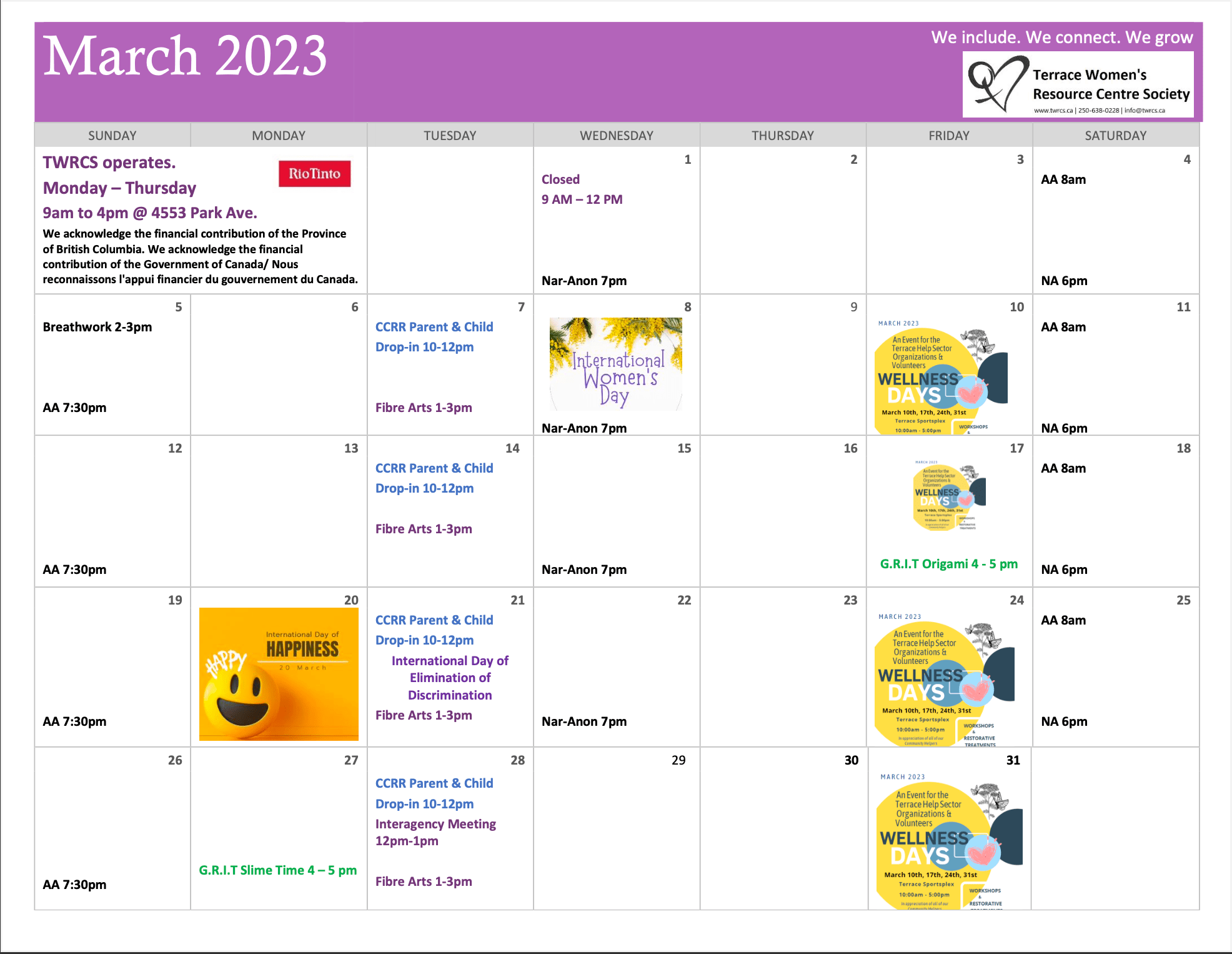 TWRCS March 2023 Calendar